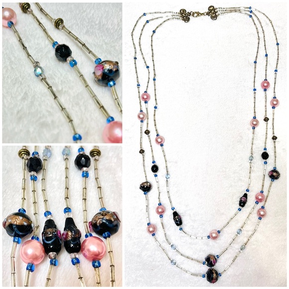 Jewelry - Vintage 3-strand Wedding Cake Beaded Necklace with Bugle Beads & Pink Pearls